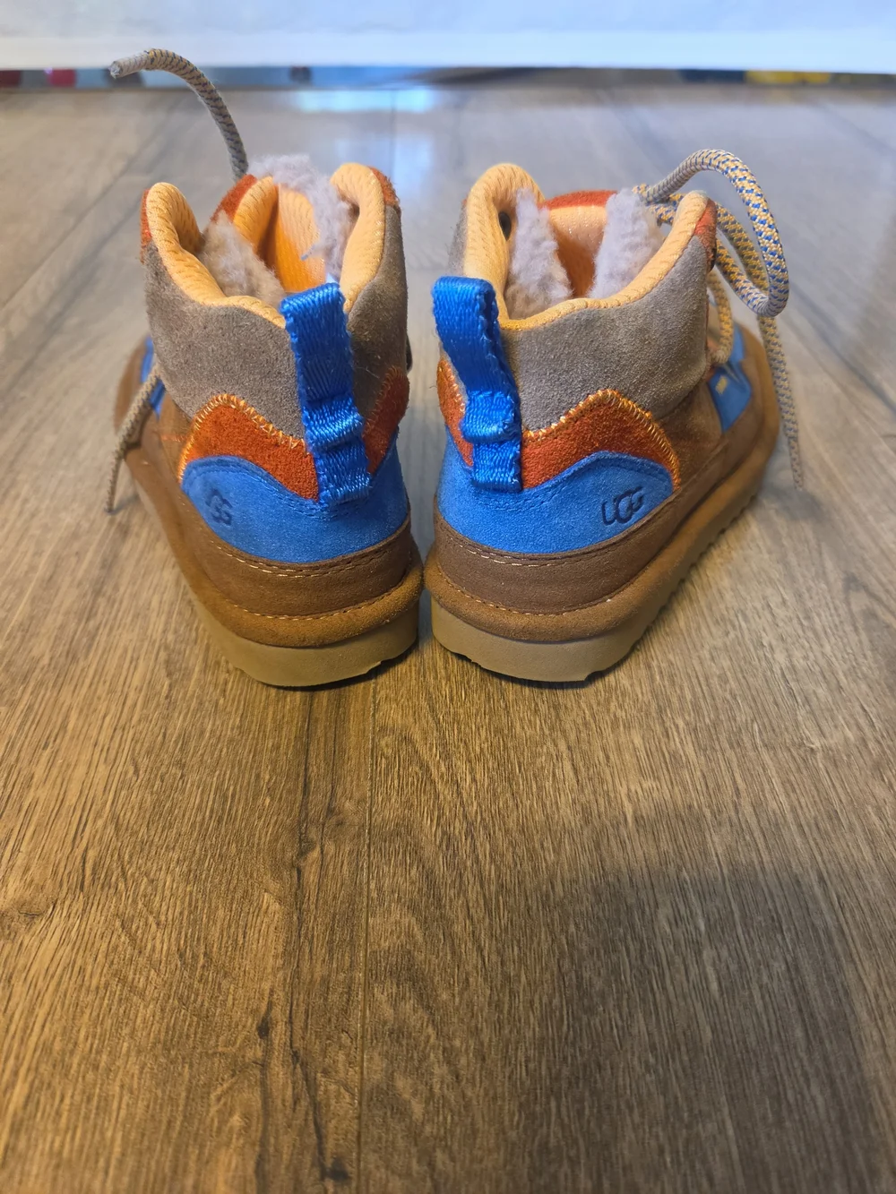 UGG Kids Brown Suede Boots with Orange & Blue Accents